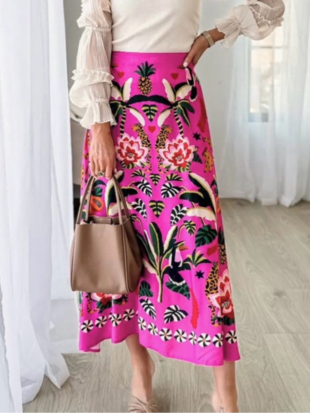 Fate Bright Pink Tropical Maxi Skirt with Multicolor Floral Print